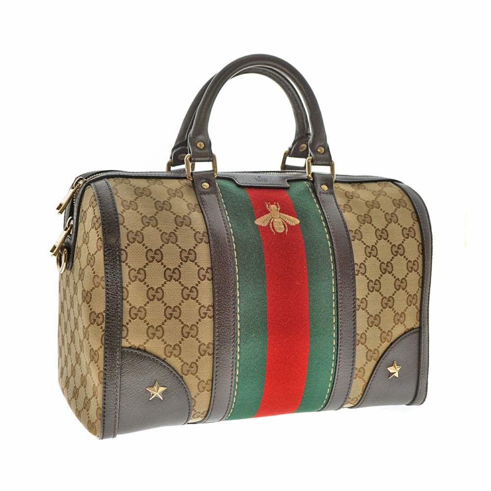 GUCCI Boston Bag Travel GG Brown Bee Handbag Shoulder